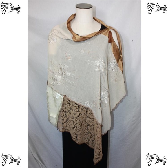 Patchwork Poncho Beige Embellished Chiffon Wrap